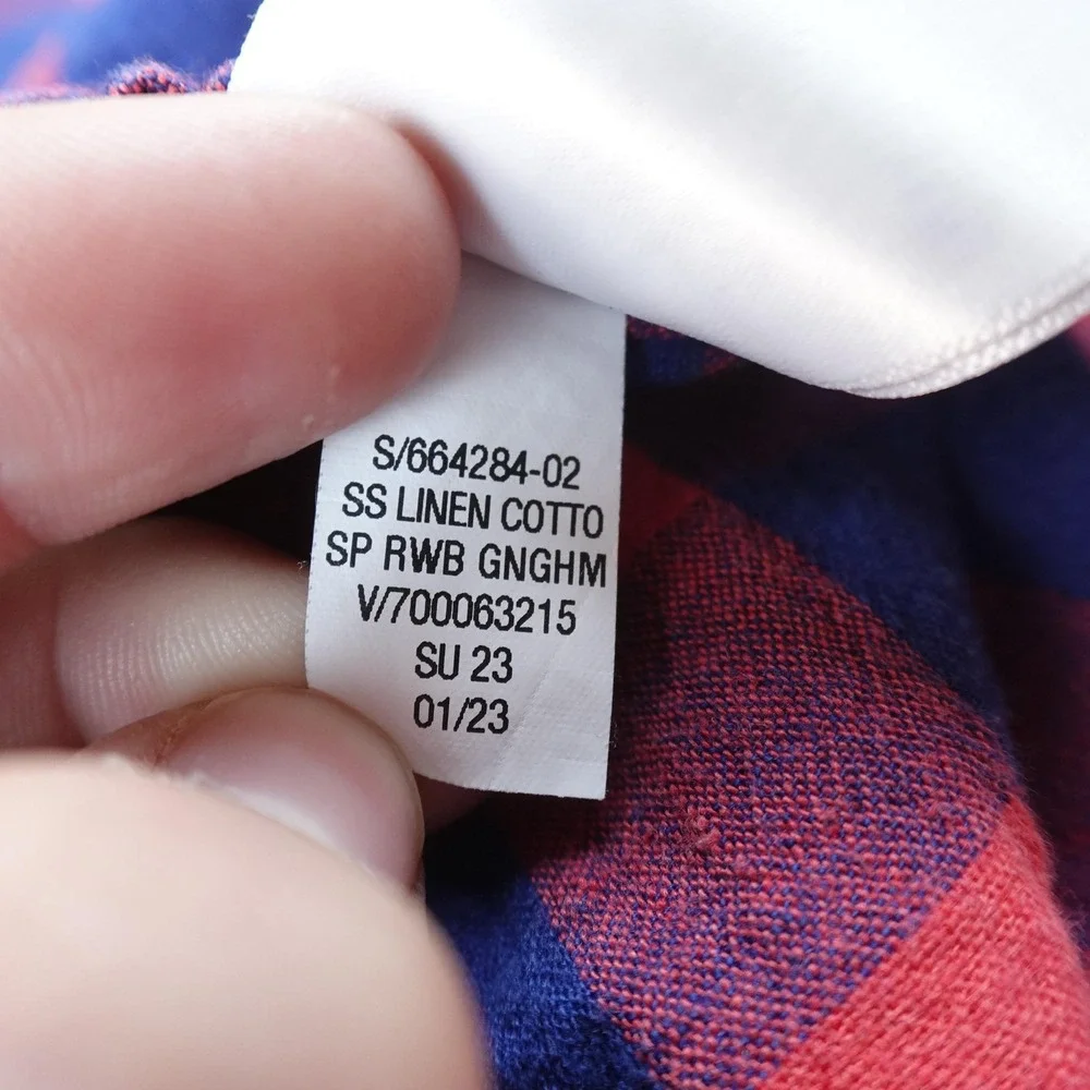 Gap Shirt Mens XL Red Blue Check Linen Cotton Chambray Short Sleeve Button Up‎